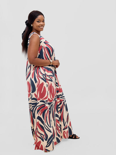 Vivo Lumi Back Pleat Maxi Dress - Black / Burgundy Ulira Print - Shopzetu