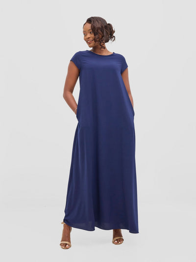 Vivo Basic Cap Sleeve Maxi Tent Dress - Navy - Shopzetu