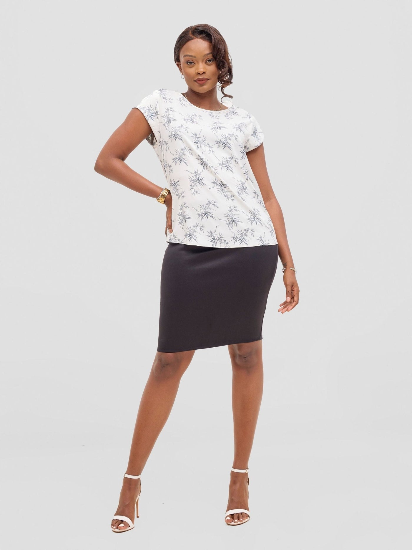 Vivo Basic Satin Cap Sleeve Top - White / Grey Bia Print - Shopzetu