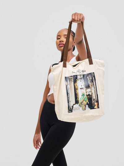 Sulha Afrika Lady In Leso Tote Bag - Cream White - Shopzetu
