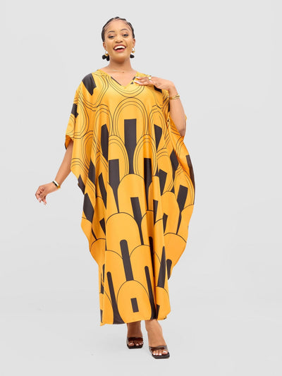 Vivo Amai Maxi Kaftan Dress - Mustard / Black Lango Print - Shopzetu