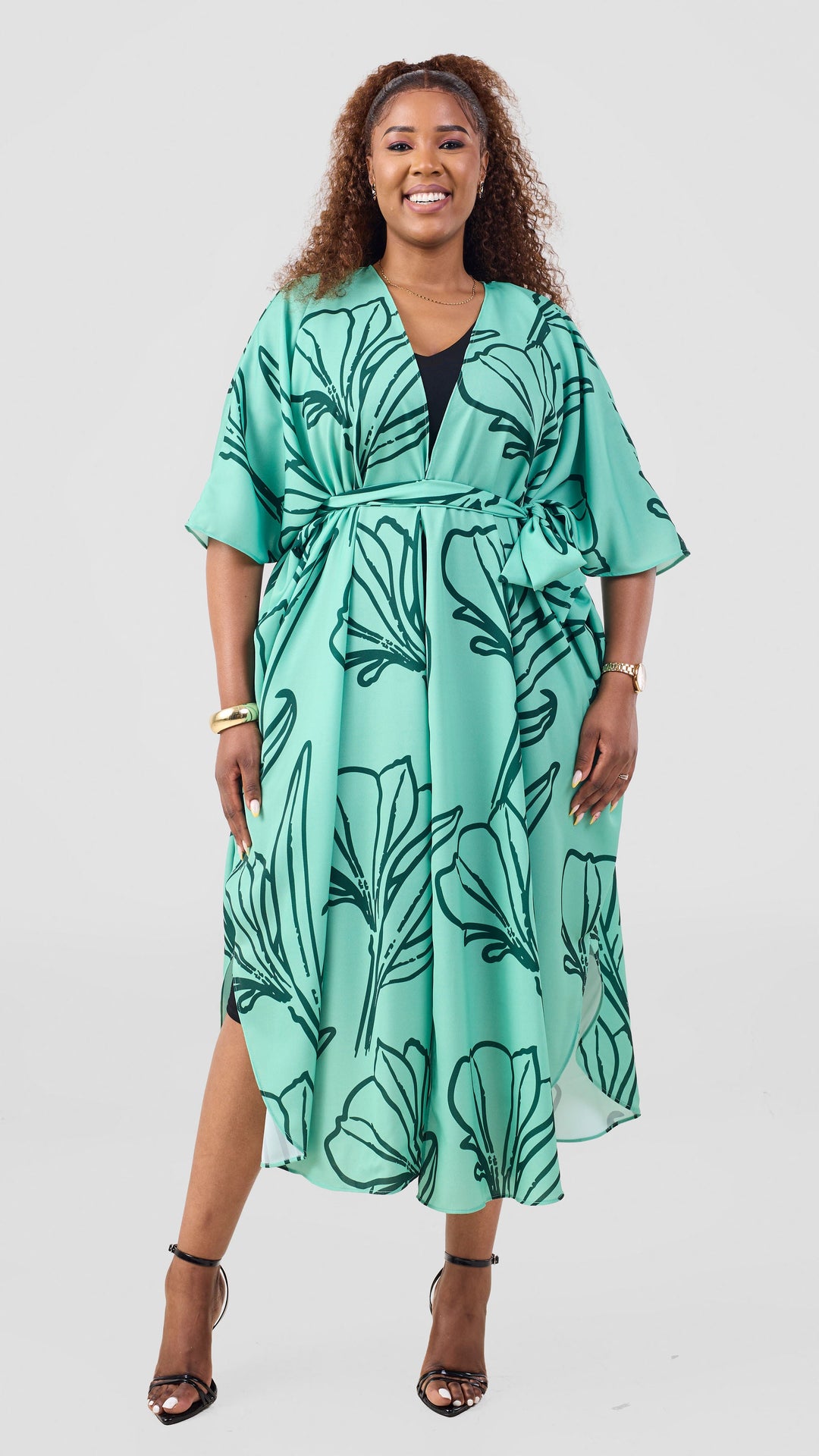 Vivo Scalloped Kimono In Crepe - Light Green / Dark Green Print