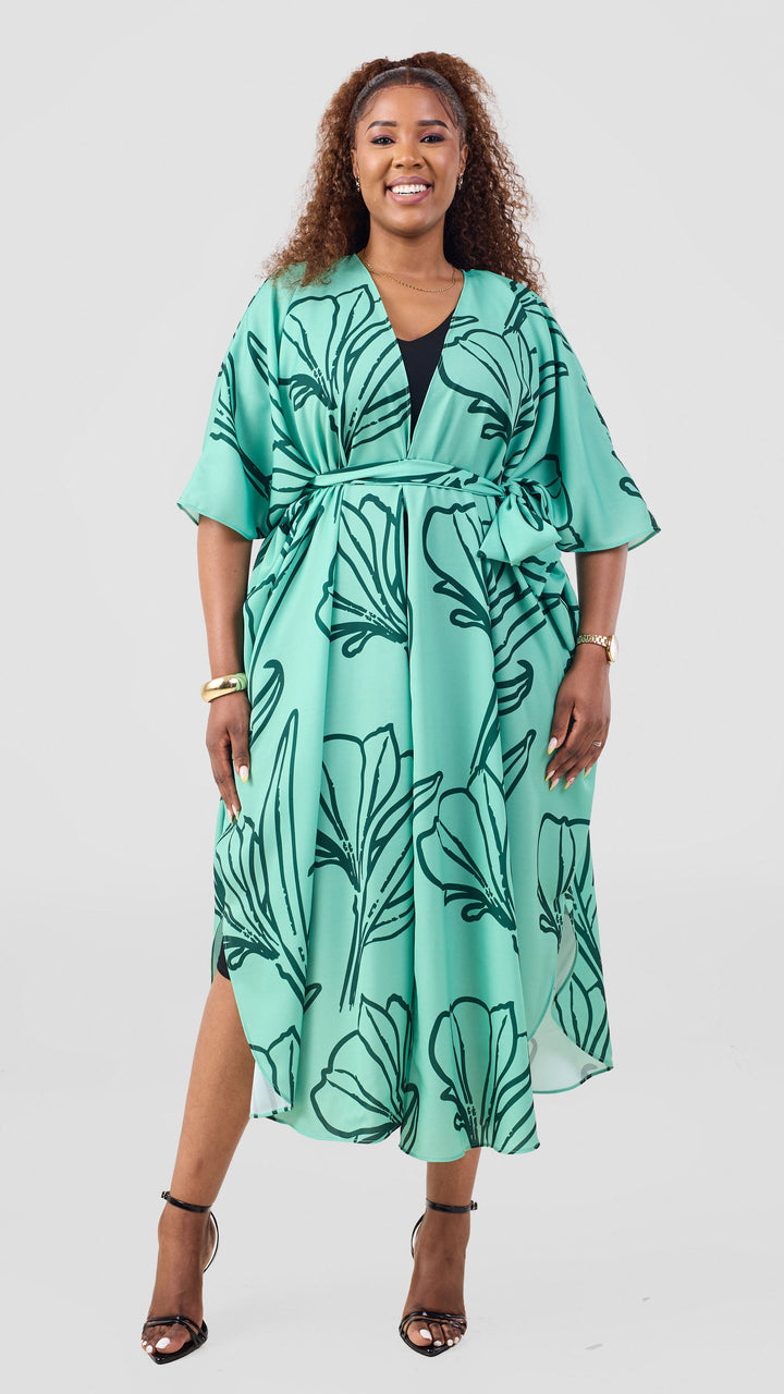 Vivo Scalloped Kimono In Crepe - Light Green / Dark Green Print