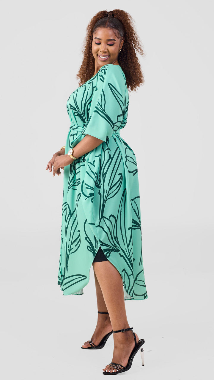 Vivo Scalloped Kimono In Crepe - Light Green / Dark Green Print