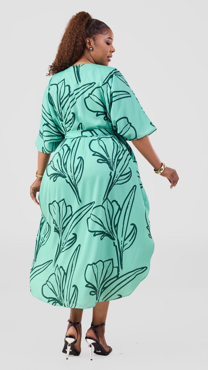 Vivo Scalloped Kimono In Crepe - Light Green / Dark Green Print