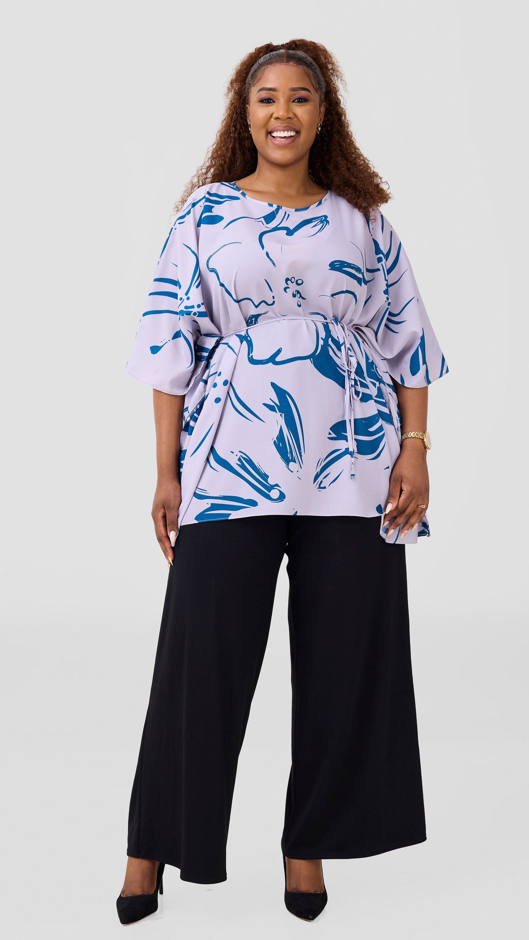 Vivo Basic Chiffon Tie Kaftan Top - Light Taupe / Dark Teal Nisa Print