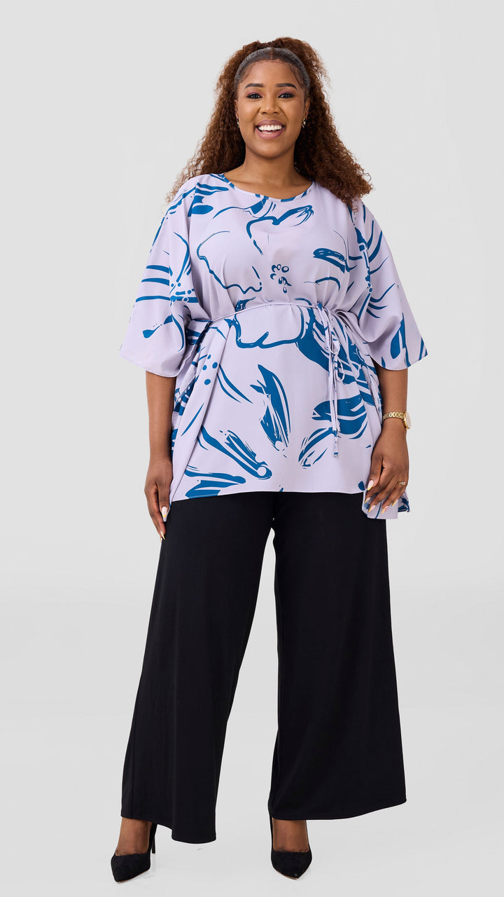 Vivo Basic Chiffon Tie Kaftan Top - Light Taupe / Dark Teal Nisa Print