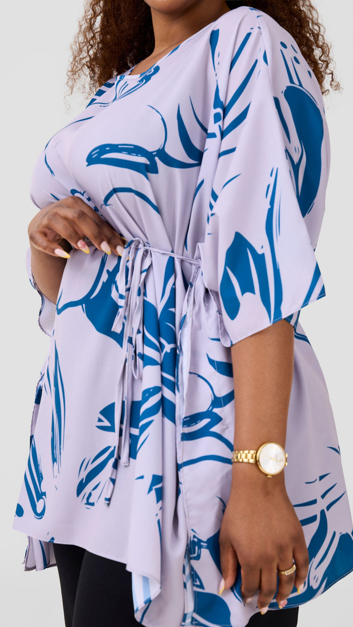 Vivo Basic Chiffon Tie Kaftan Top - Light Taupe / Dark Teal Nisa Print