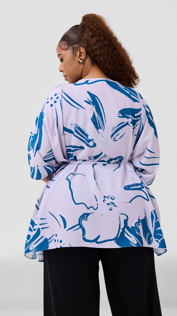 Vivo Basic Chiffon Tie Kaftan Top - Light Taupe / Dark Teal Nisa Print