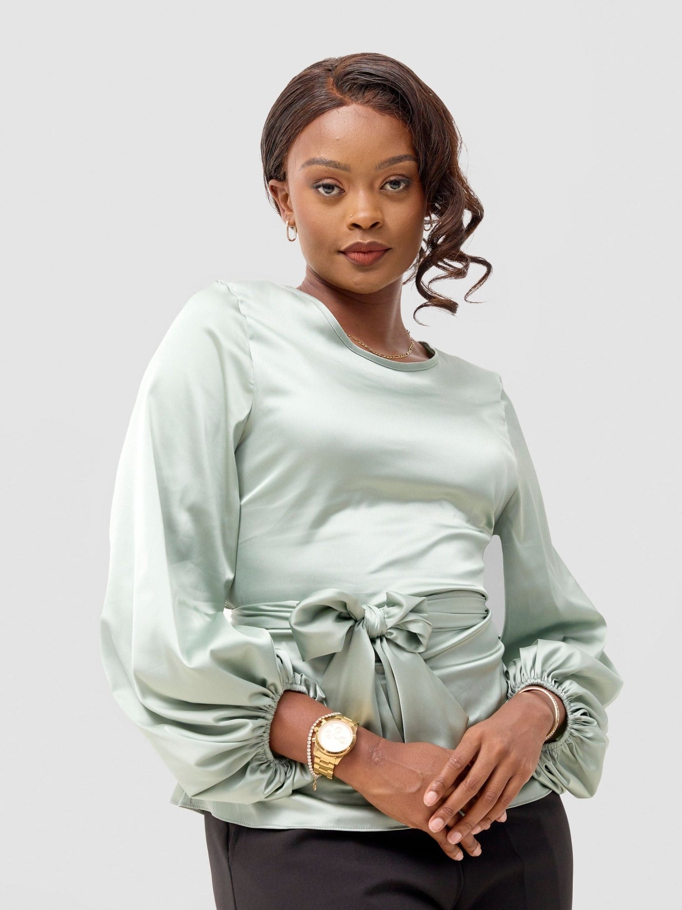 Vivo Basic Izzy Satin Bishop Sleeve Top - Mint - Shopzetu