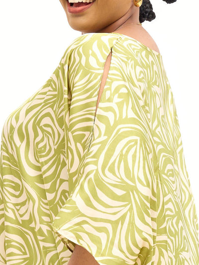 Vivo Hanabi Satin High Low Top - Green / Beige Shima Print - Shopzetu