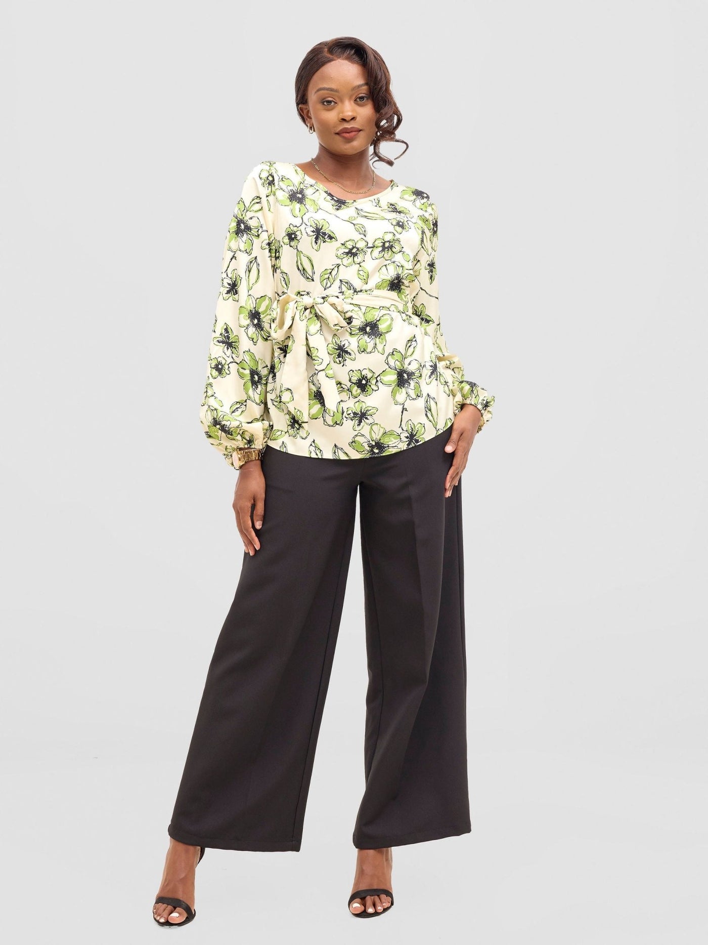 Vivo Basic Satin Bishop Sleeved Top - Beige / Green Bai Print - Shopzetu