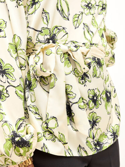 Vivo Basic Satin Bishop Sleeved Top - Beige / Green Bai Print - Shopzetu