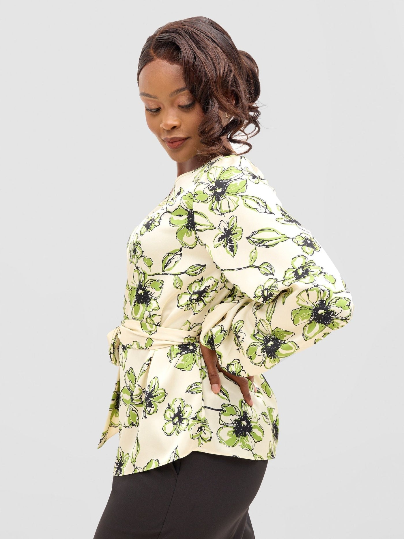 Vivo Basic Satin Bishop Sleeved Top - Beige / Green Bai Print - Shopzetu