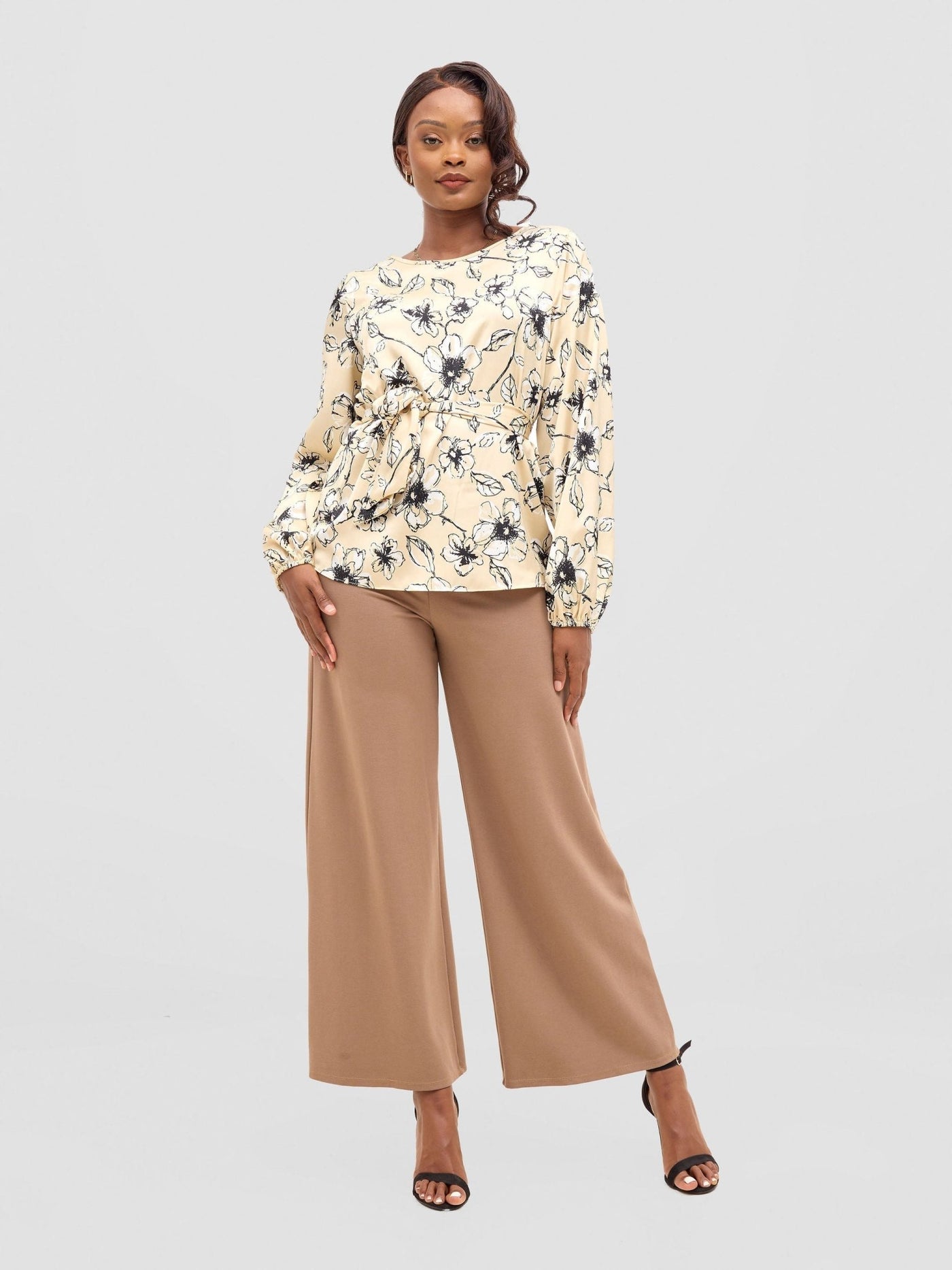 Vivo Basic Satin Bishop Sleeved Top - Beige / Black Bai Print - Shopzetu