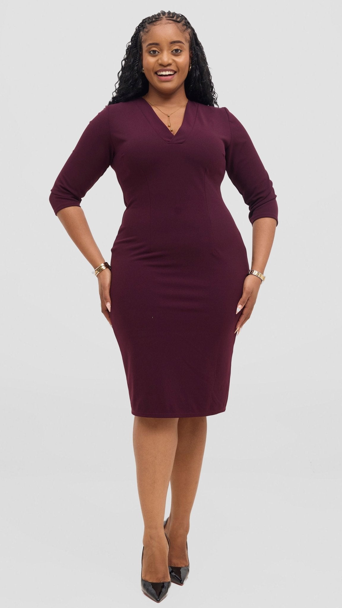 Vivo J.O V - Neck Sheath Dress - Burgundy - Shopzetu