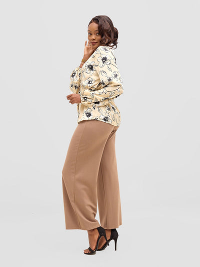 Vivo Basic Satin Bishop Sleeved Top - Beige / Black Bai Print - Shopzetu