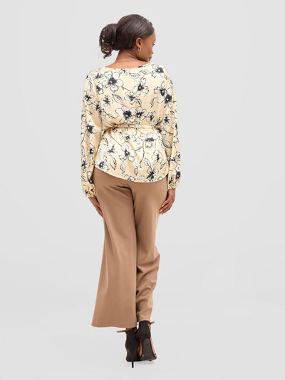 Vivo Basic Satin Bishop Sleeved Top - Beige / Black Bai Print - Shopzetu