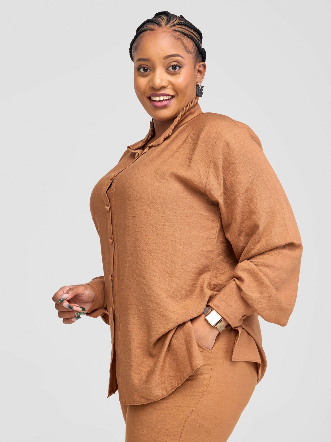 Inroses Linen Pant Set - Nude / Brown - Shopzetu