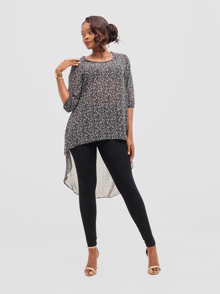 Vivo Basic Nalia High - low Chiffon Top - Black / Blue Print - Shopzetu