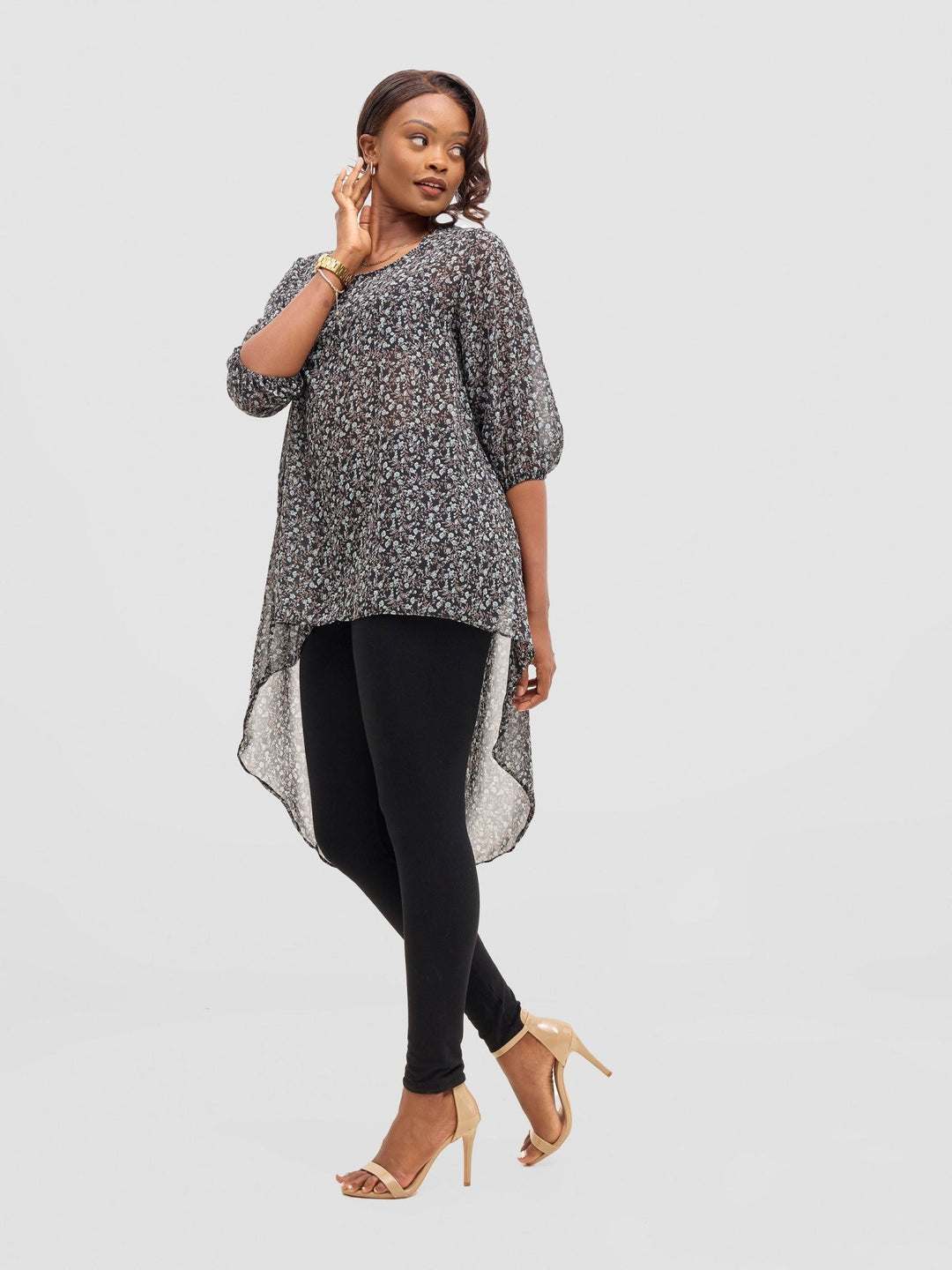 Vivo Basic Nalia High - low Chiffon Top - Black / Blue Print - Shopzetu