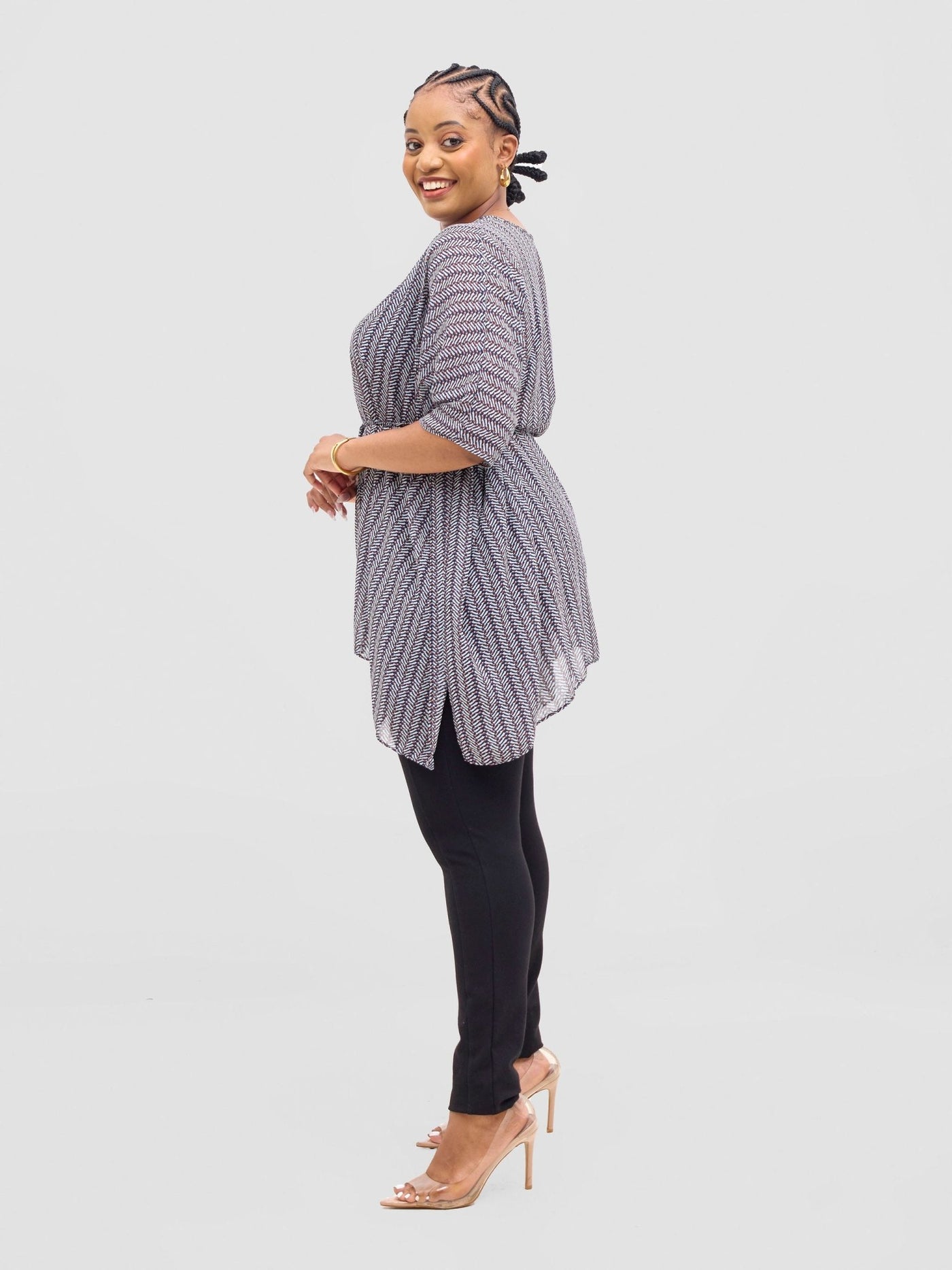 Vivo Basic Chiffon Tie Kaftan Top - Navy / Rust Pia Print - Shopzetu