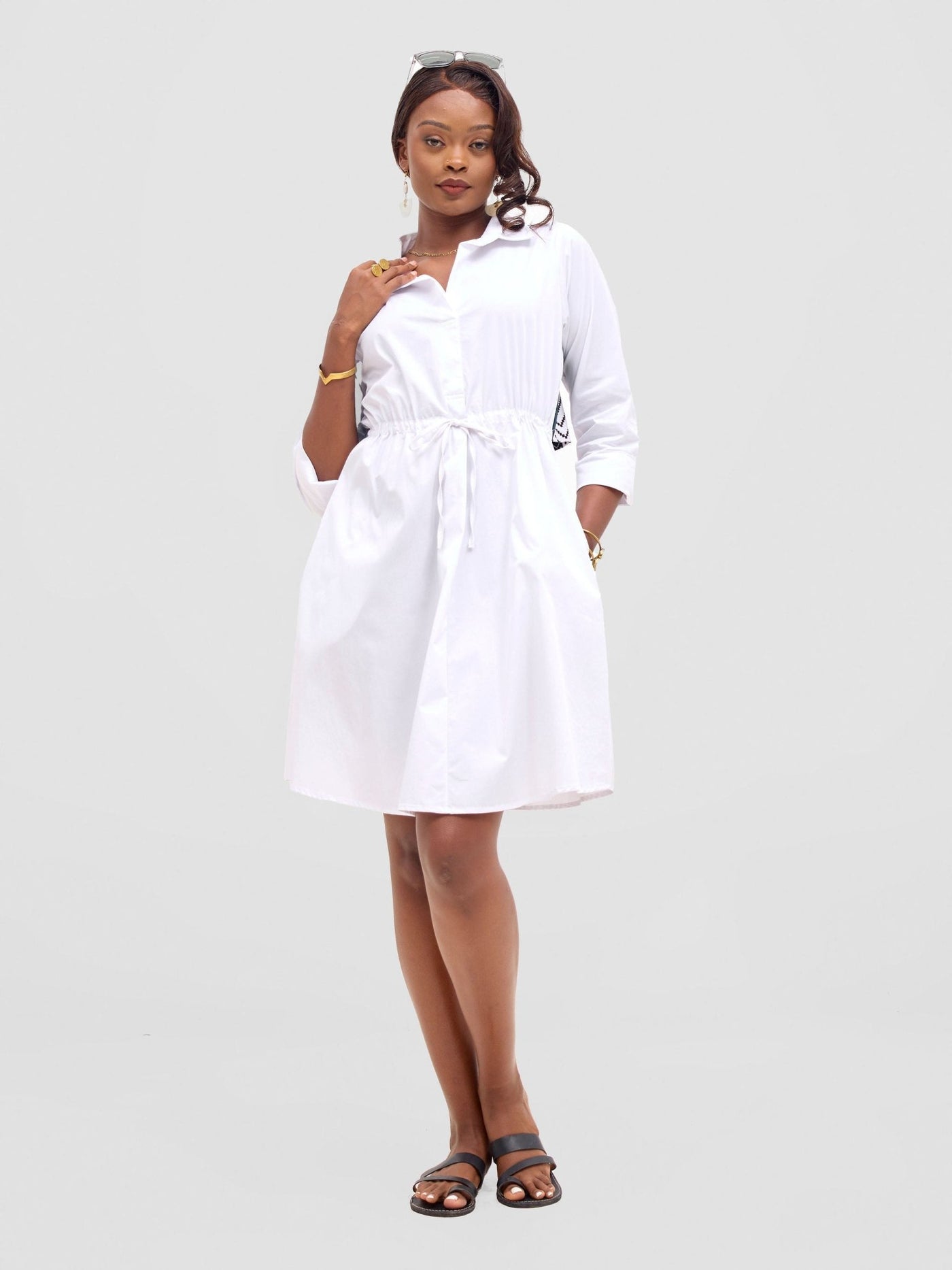 Safari Lira Drawstring Knee Length Dress - White + Elmi Print - Shopzetu