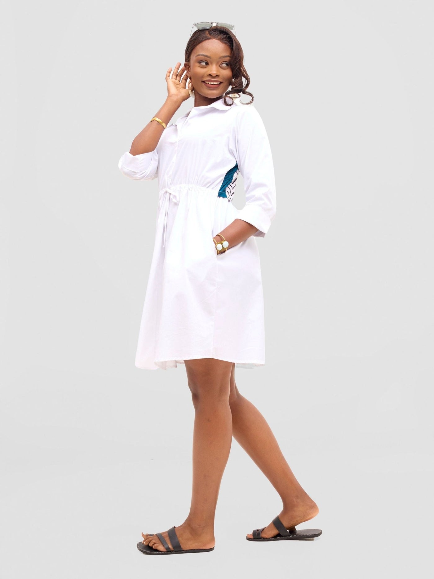 Safari Lira Drawstring Knee Length Dress - White + Elmi Print - Shopzetu