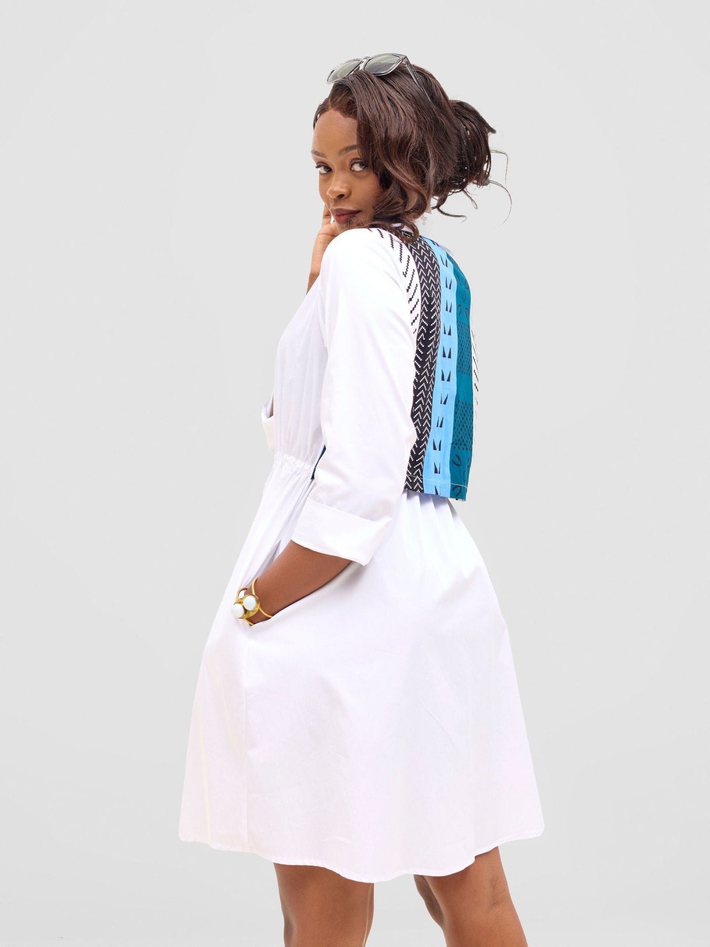 Safari Lira Drawstring Knee Length Dress - White + Elmi Print - Shopzetu