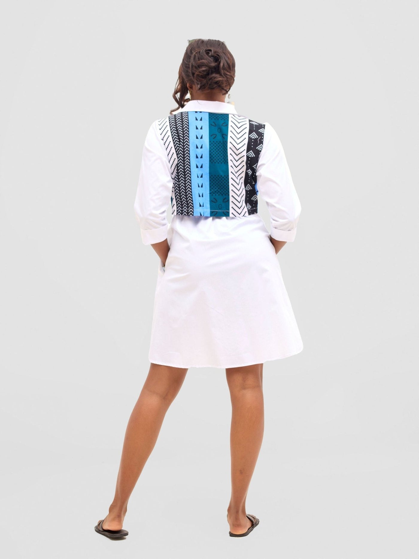 Safari Lira Drawstring Knee Length Dress - White + Elmi Print - Shopzetu