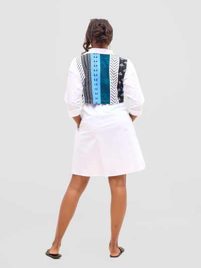 Safari Lira Drawstring Knee Length Dress - White + Elmi Print - Shopzetu