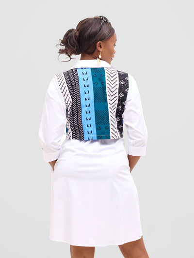 Safari Lira Drawstring Knee Length Dress - White + Elmi Print - Shopzetu