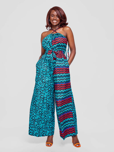 Tuli Zenani Ankara Jumpsuit - Aqua Blue / Red