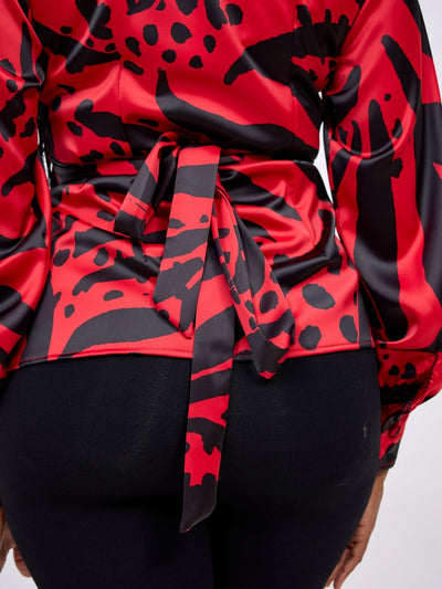 Vivo Merika Satin Wrap Top - Red / Black Ridi Print - Shopzetu