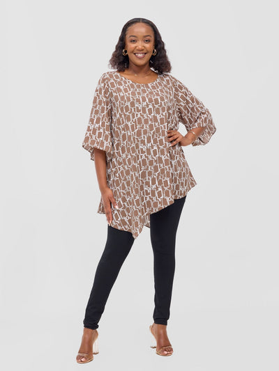 Vivo Sana Asymmetrical Angel Sleeve Top - Brown / White Print - Shopzetu