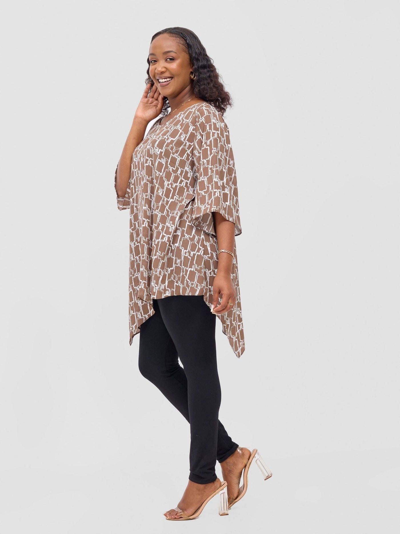 Vivo Sana Asymmetrical Angel Sleeve Top - Brown / White Print - Shopzetu