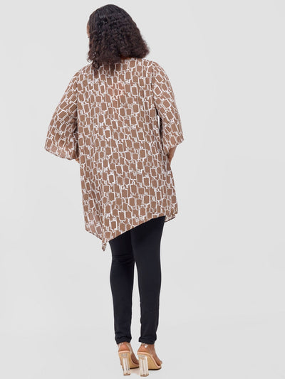 Vivo Sana Asymmetrical Angel Sleeve Top - Brown / White Print - Shopzetu