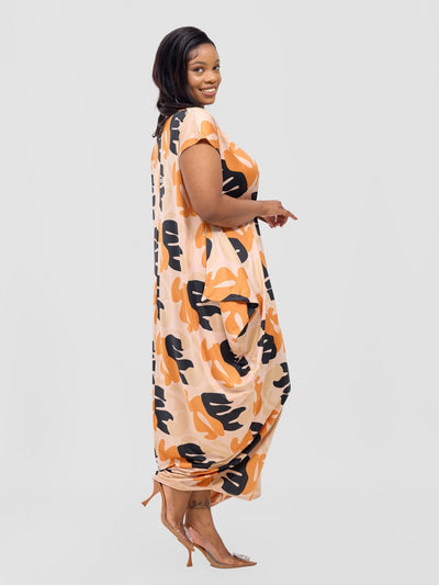 Fimi Drop Shoulder Maxi Dress - Orange / Taupe Chana Print - Shopzetu
