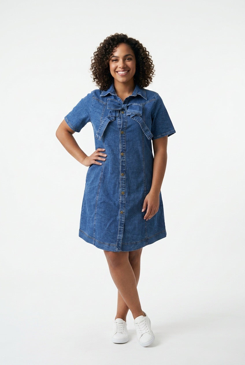 Stylish Sisters Short-Sleeve Front-Bow Denim Mini Dress - Blue