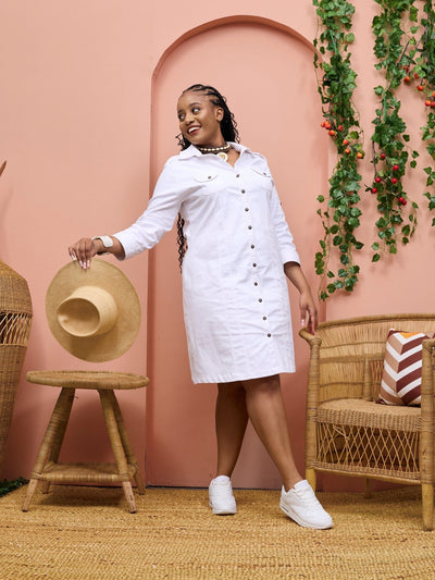 Safari Chui 3/4 Sleeve A - Line Dress - White - Shopzetu