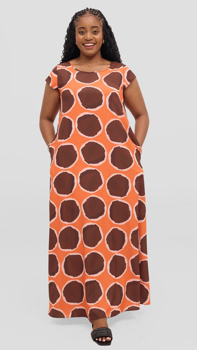 Vivo Basic Round Neck Maxi Dress - Chocolate / Orange - Shopzetu