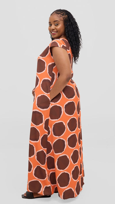 Vivo Basic Round Neck Maxi Dress - Chocolate / Orange - Shopzetu