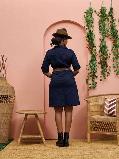 Safari Chui 3/4 Sleeve A - Line Dress - Navy - Shopzetu