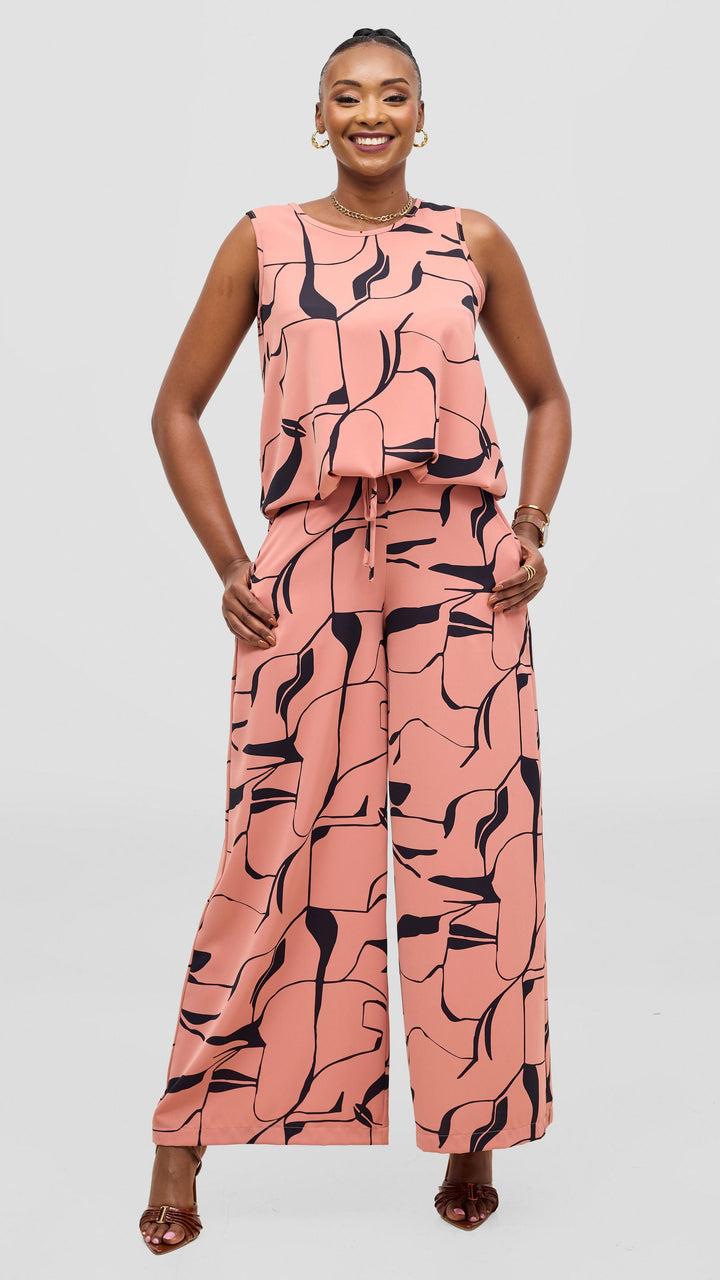 Vivo Liora Sleeveless Drawstring Top - Coral / Navy Ziza Print