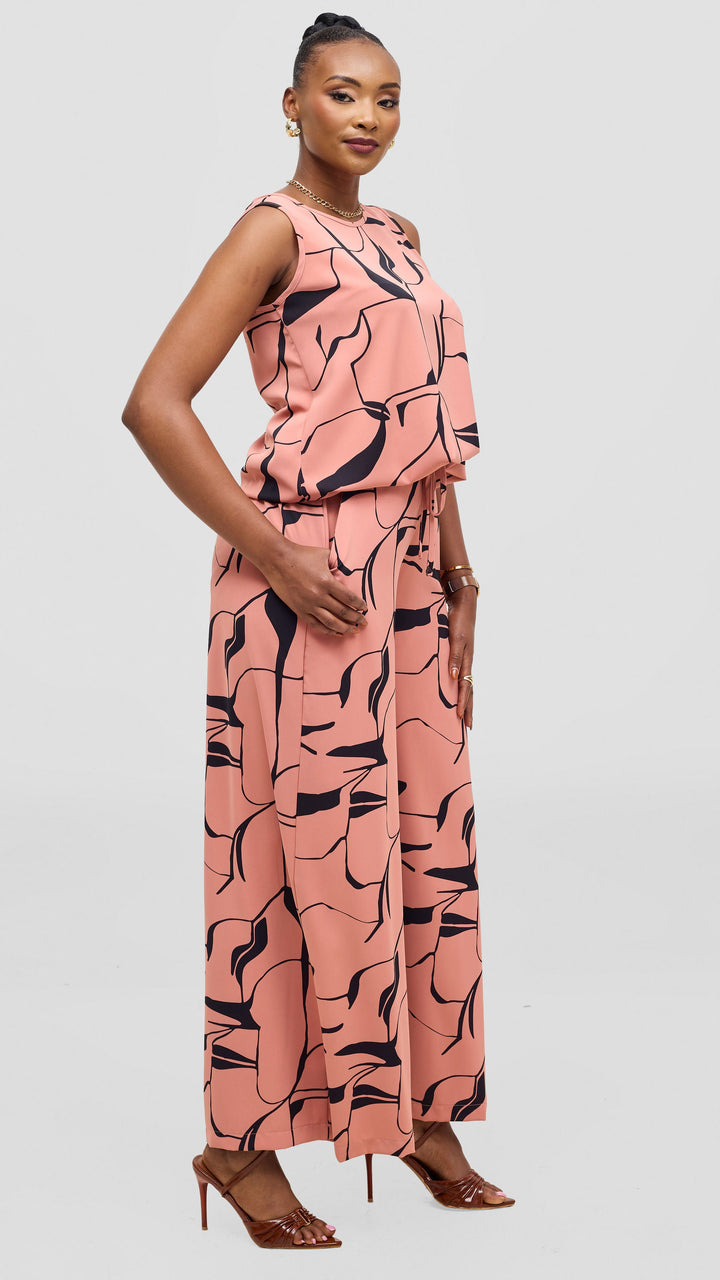 Vivo Liora Sleeveless Drawstring Top - Coral / Navy Ziza Print