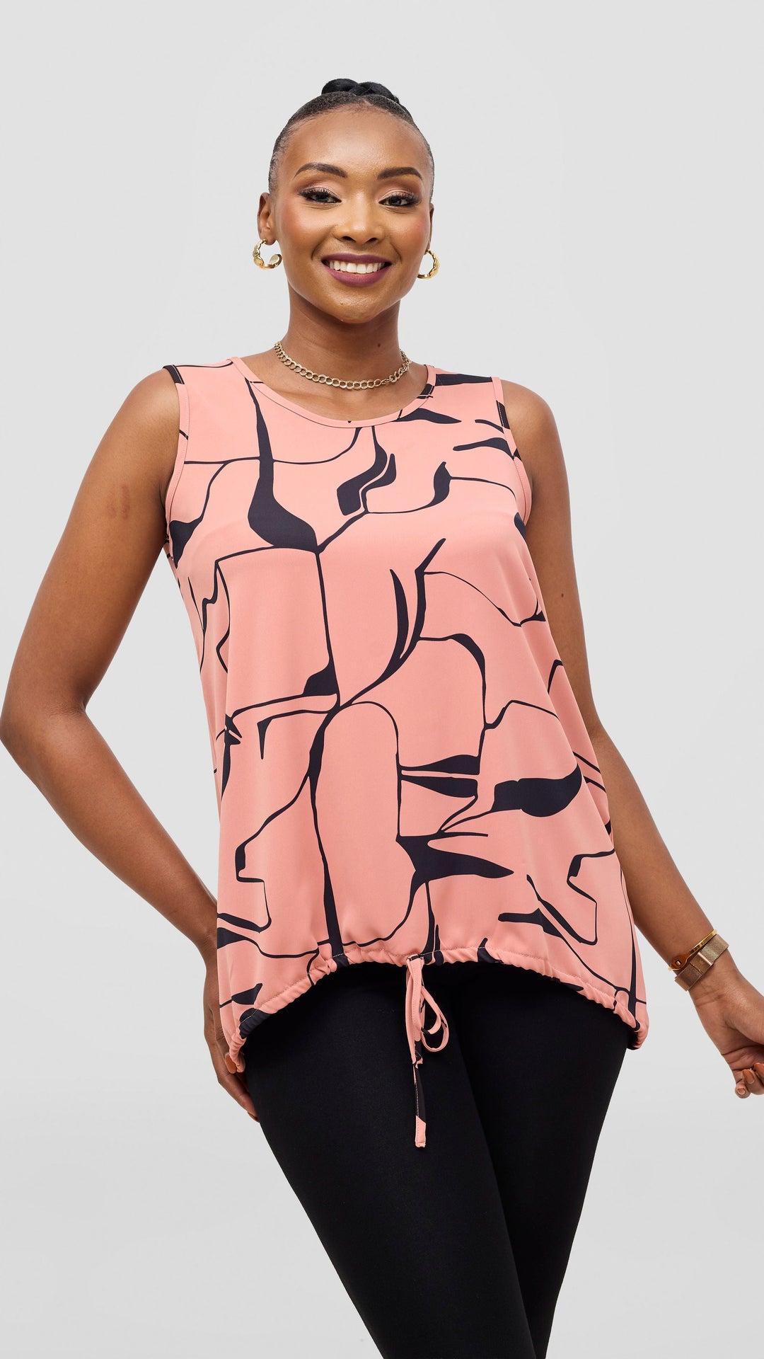 Vivo Liora Sleeveless Drawstring Top - Coral / Navy Ziza Print