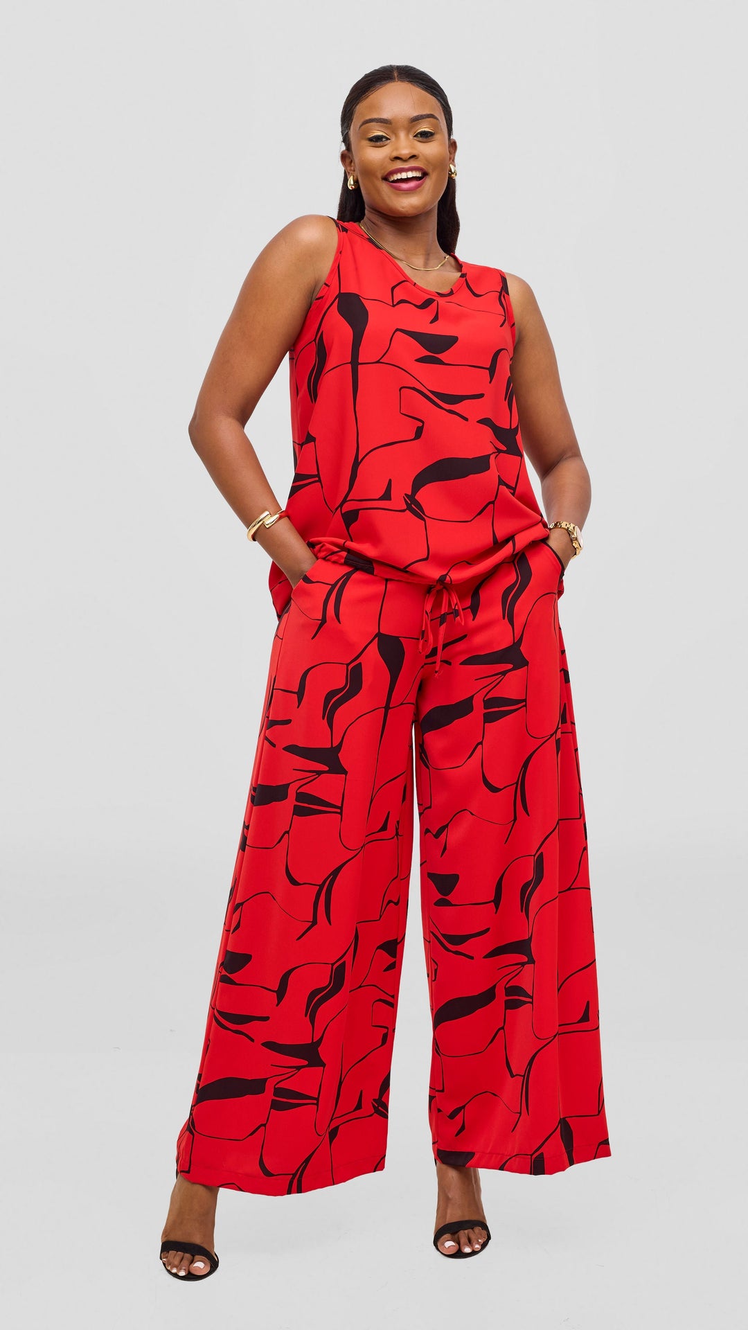 Vivo Liora Sleeveless Drawstring Top - Red / Black Ziza Print
