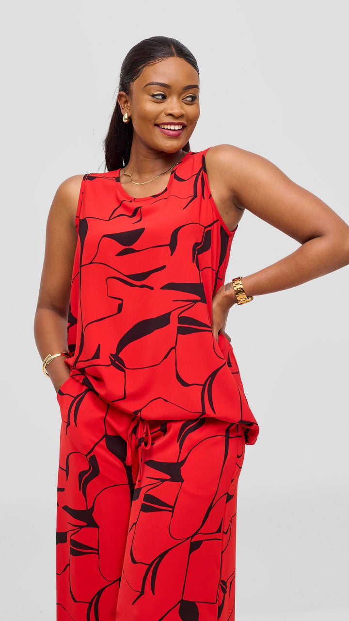 Vivo Liora Sleeveless Drawstring Top - Red / Black Ziza Print