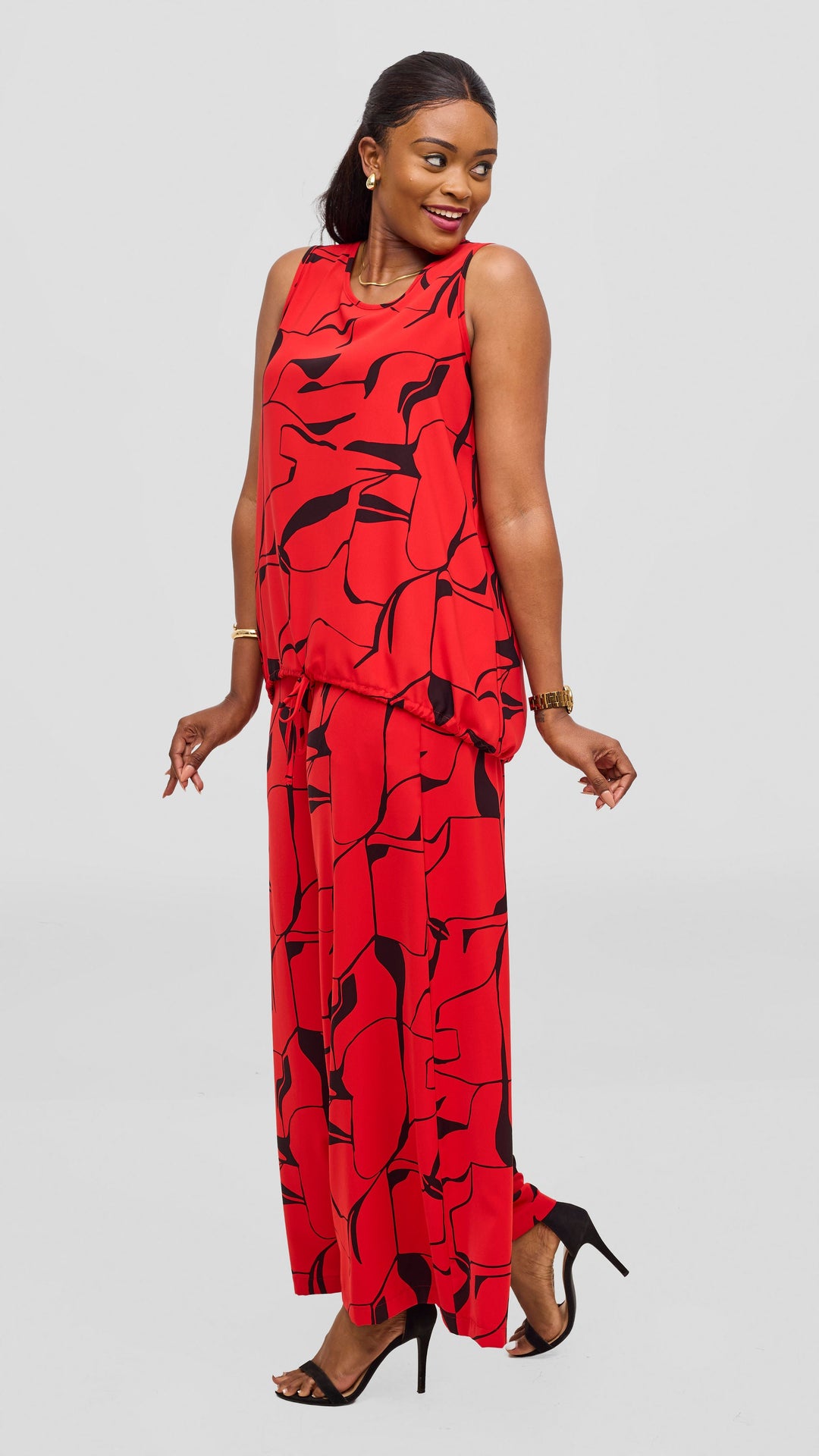 Vivo Liora Sleeveless Drawstring Top - Red / Black Ziza Print