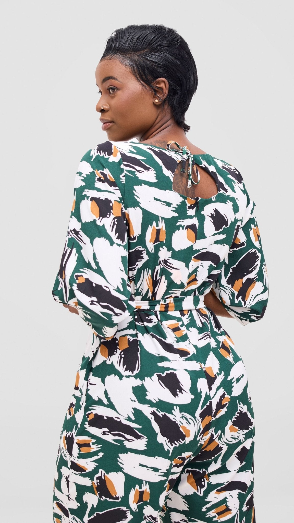 Vivo Zahari Sweatheart Neck Jumpsuit - Green / Black Print - Shopzetu